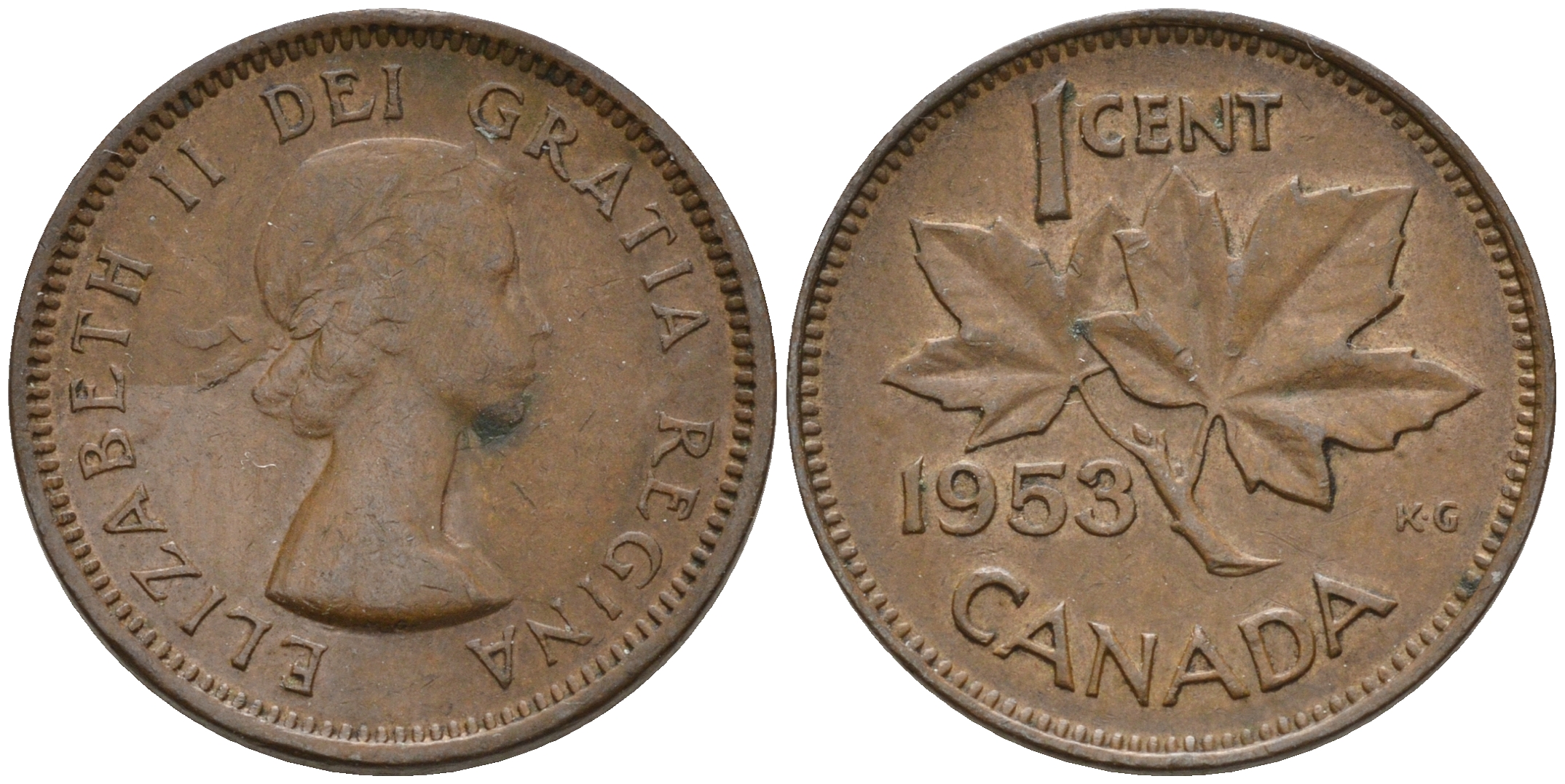 Канада 1 цент 1953 Елизавета II, кленовый лист КМ 49 бронза    4602-566