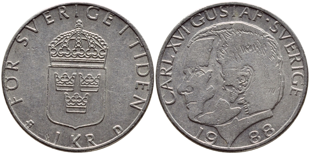 Швеция 1 крона 1988 Карл XVI Густав (1973- ) KM 852a медно-никель 4397-1222