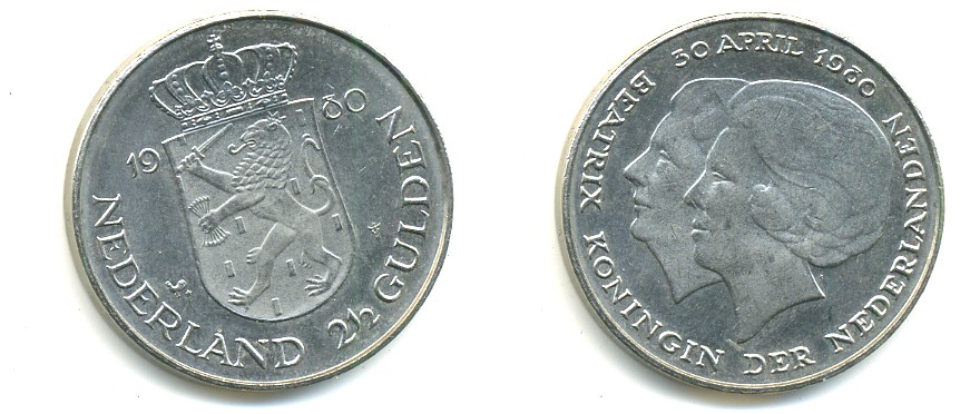 Нидерланды 2 1/2 гульдена 1980 коронация Беатрикс, 30 апреля 1980 KM 201 никель 84-1235