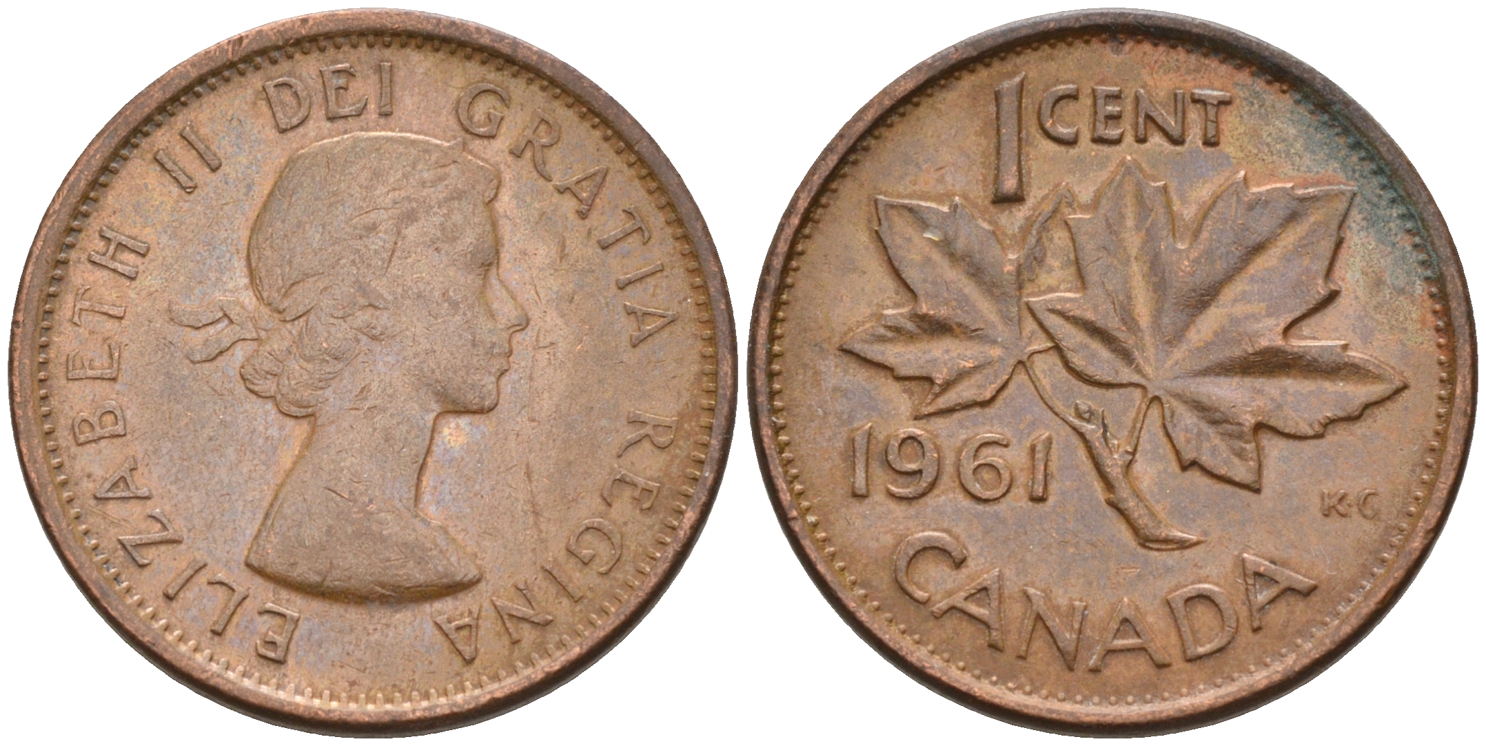 Канада 1 цент 1961 Елизавета II, кленовый лист KM 49 бронза    4115-751