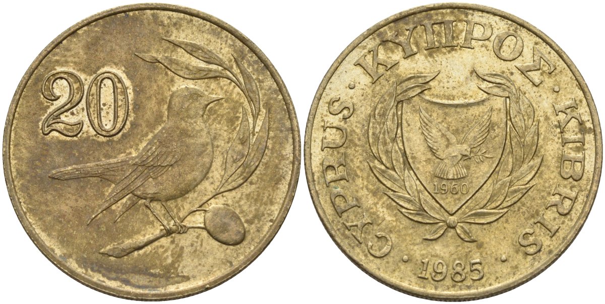Кипр 20 центов 1985 KM 57.2 никель латунь 4140-725