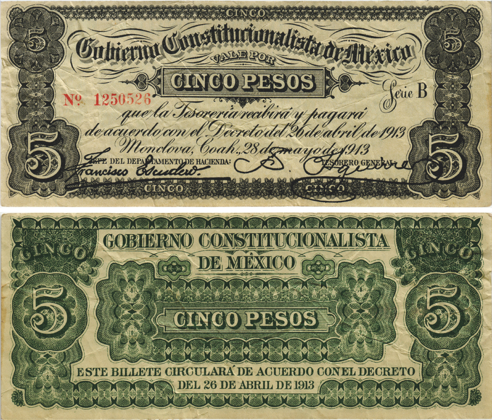 Мексика, Революция 5 песо 1913 Монклова, штат Коауила, правительство конституционалистов Pick S628 бумага 6287-28-2
