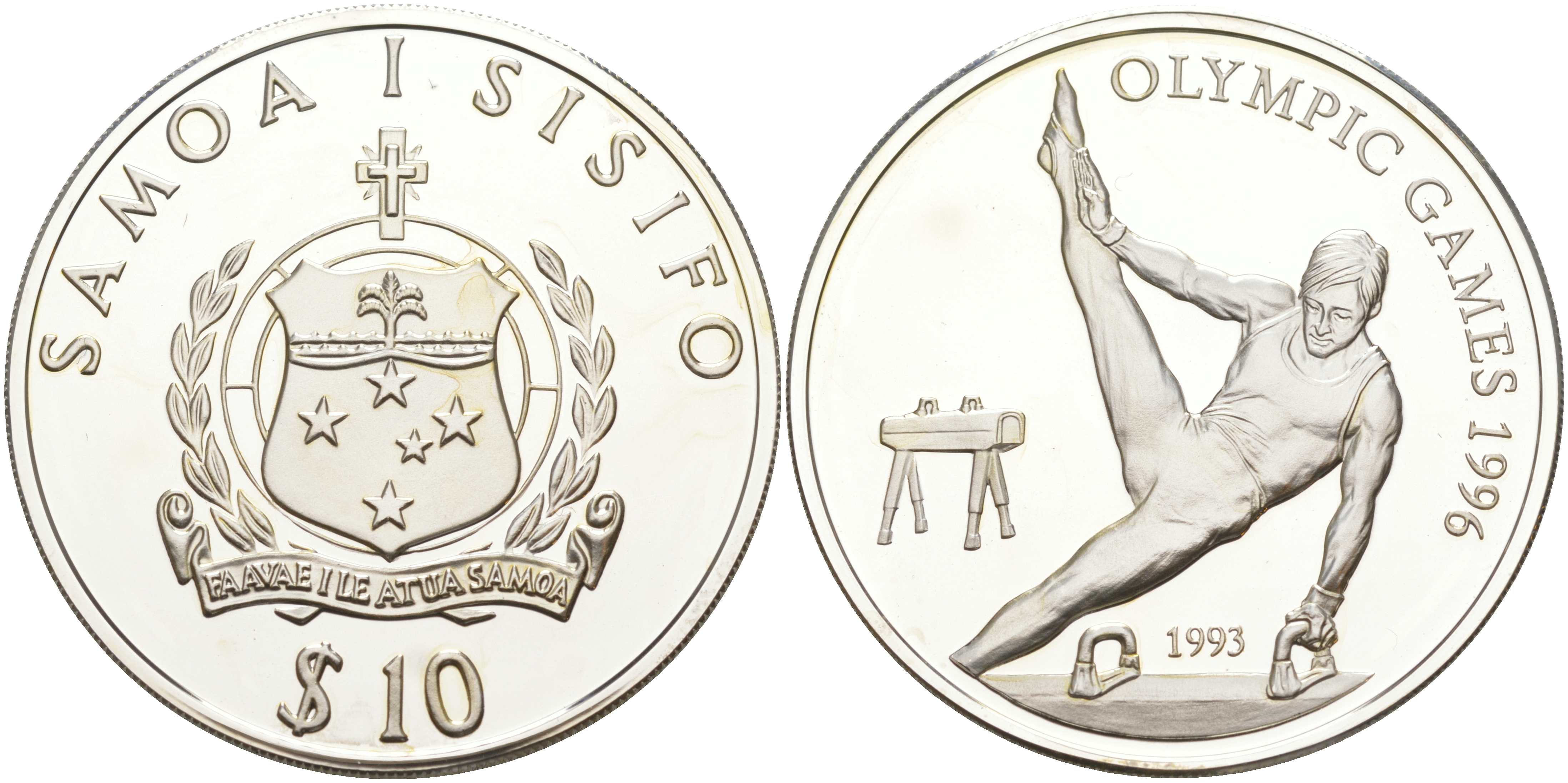 Самоа 10 тала 1993 XXVI Олимпийские игры 1996 года в Атланте, гимнаст на коне KM 97 серебро PROOF 1074-5-44