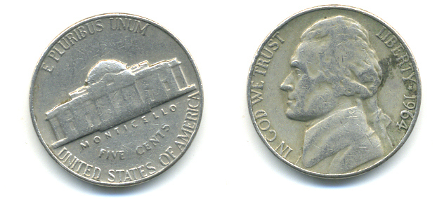 США 5 ЦЕНТОВ 1964 ДЖЕФФЕРСОН KM А192 медно-никель 86-547