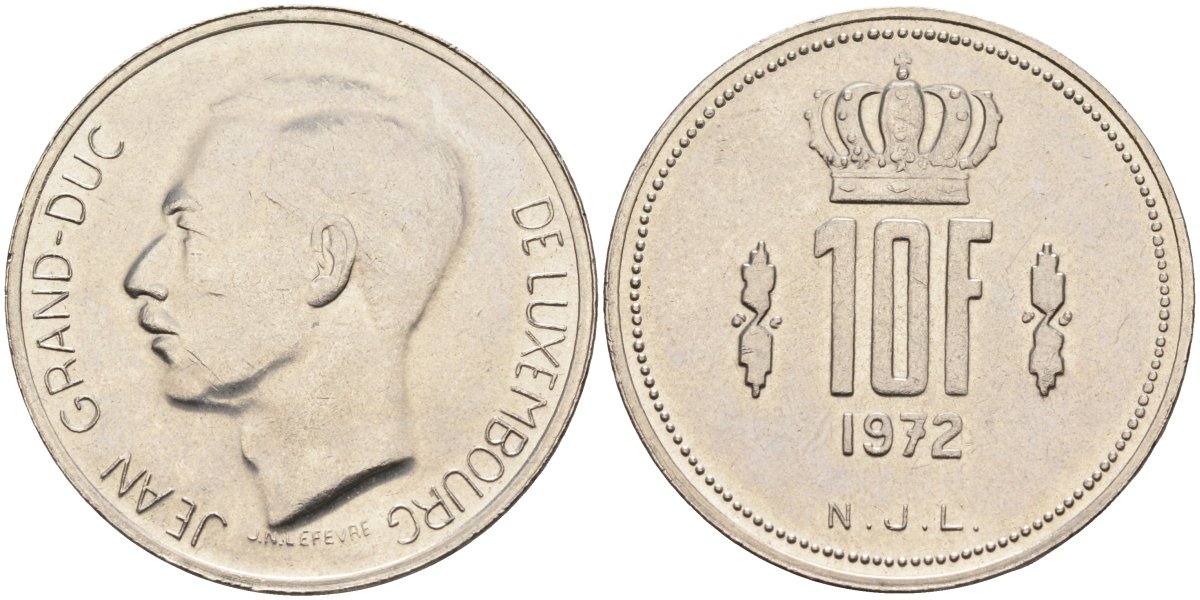 Люксембург 10 франков 1972 герцог Жан (1964-1999) KM 57 никель 4587-644