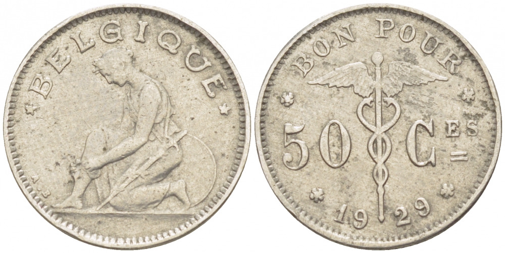 БЕЛЬГИЯ 50 САНТИМОВ 1929 BELGIQUE KM 87 никель 261-1629