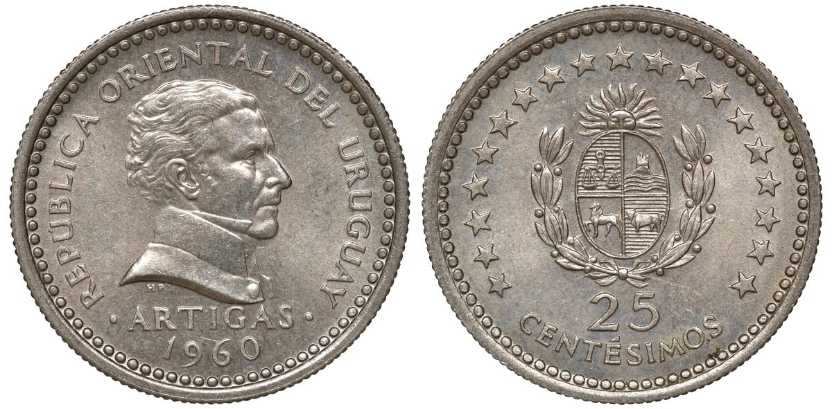 Уругвай 25 сентесимо 1960 KM 40 медно-никель 4169-943