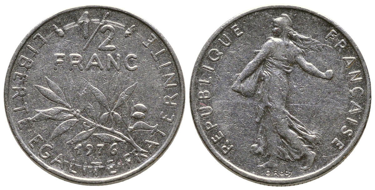 ФРАНЦИЯ 1/2 ФРАНКА 1976 СЕЯТЕЛЬ KM 931.1, LE FRANC 198.15 никель 93-1415