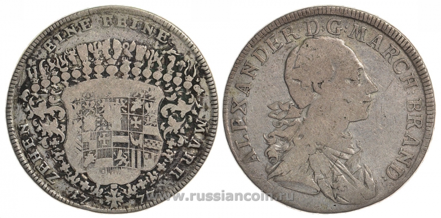 Бранденбург-Ансбах 1 талер 1777 G, Александр I KM 304, Dav. 2014 серебро 00-816-17