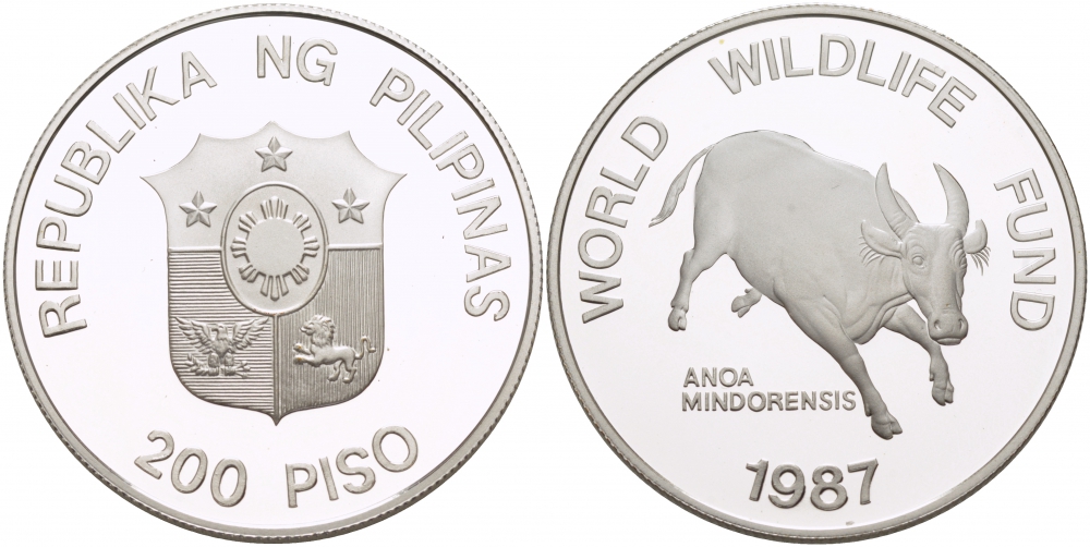Филиппины 200 писо 1987 серия 25 лет окружающей среды, буйвол тамарау KM 248 серебро PROOF 1068-5-43