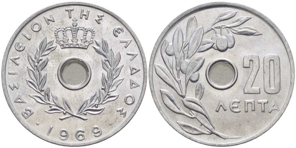 Греция 20 лепта 1969 Константин II (1964-1974), оливковая ветвь KM 79 алюминий UNC 28-822