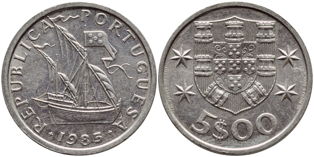 Португалия 5 эскудо 1985 парусник KM 591 медно-никель 4395-922