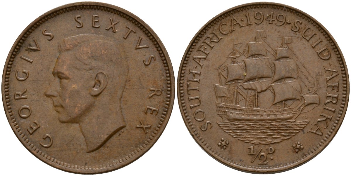 ЮАР 1/2 пенни 1949 Георг VI (1937-1952) KM 33.1 бронза 181-1024