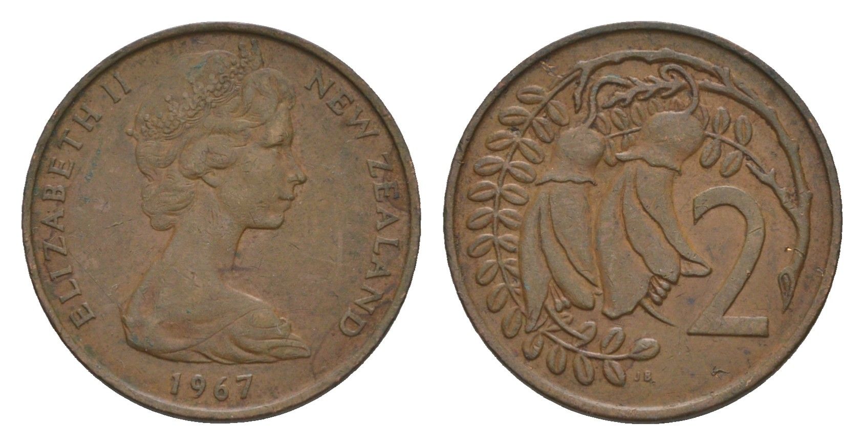 Новая Зеландия 2 цента 1967 Елизавета II (1952-2022), два цветка кохаи KM 32.1 бронза 4655-1139