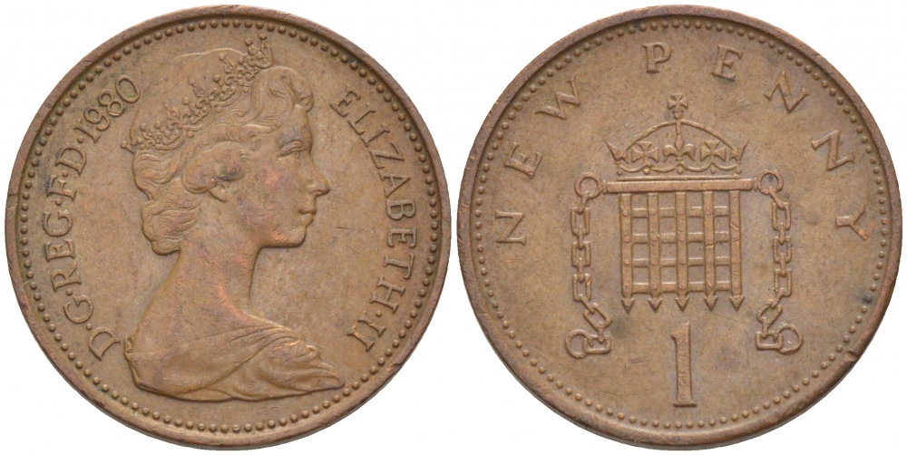 Великобритания 1 пенни 1980 Елизавета II (1952-2022) KM 915, Spink 4237 (B1) бронза 112-1258