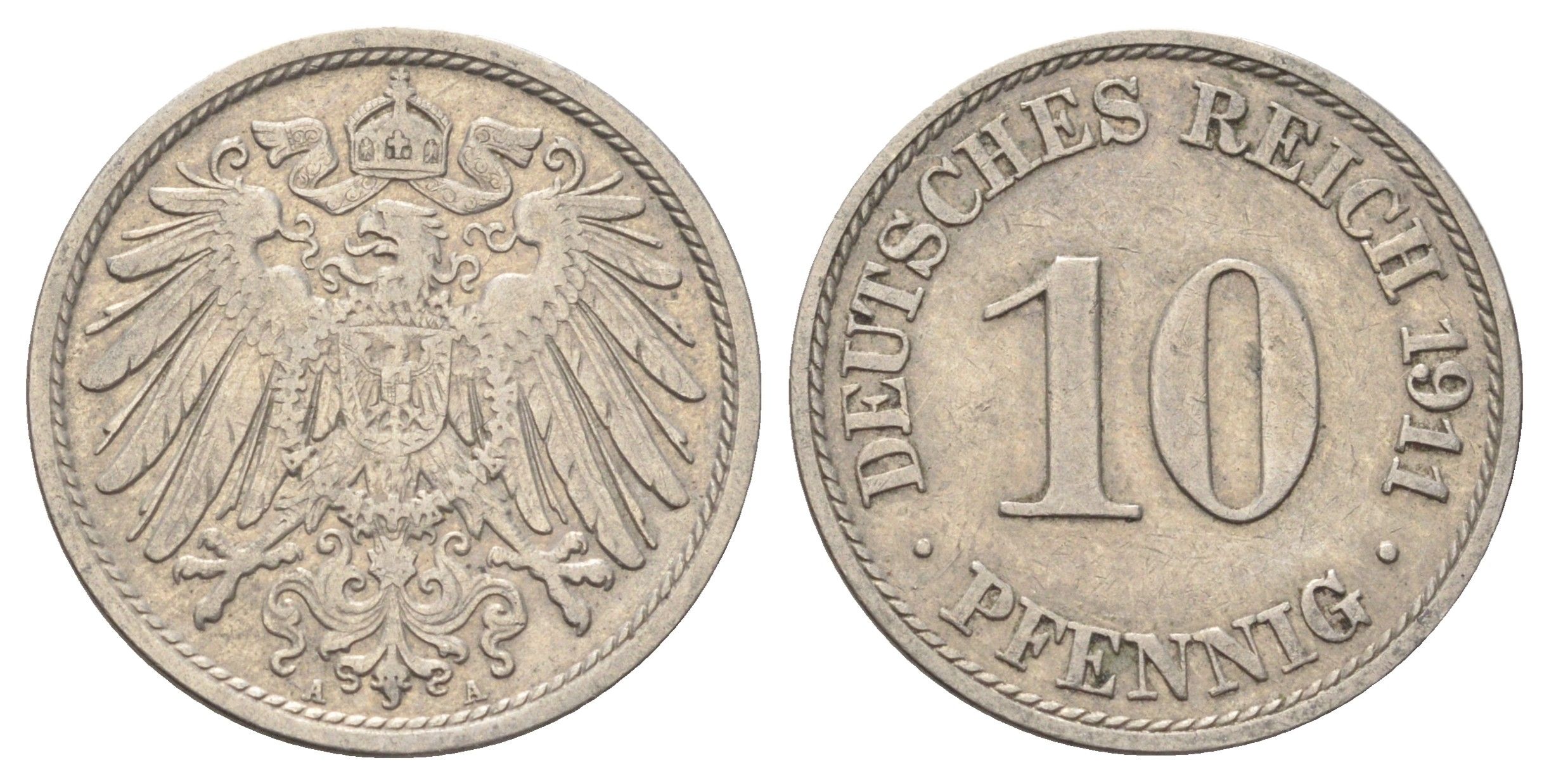 Германия 10 пфеннигов 1911 A KM 12, J. 13 медно-никель 4701-1121