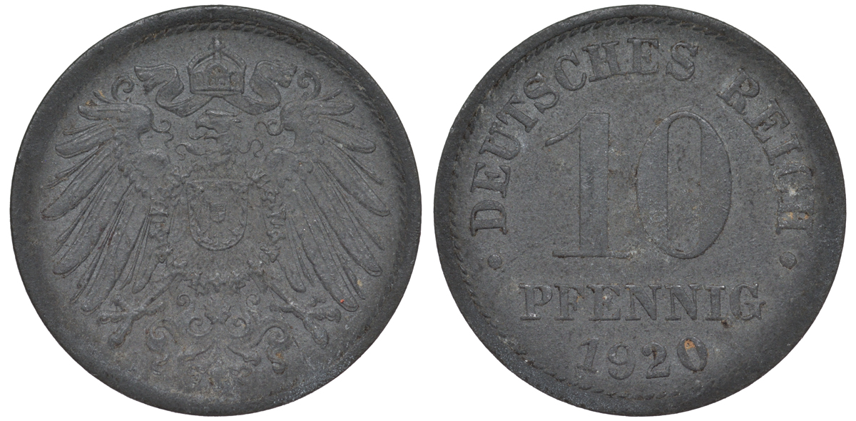 ГЕРМАНИЯ 10 ПФЕННИГОВ 1920 KM 26, J. 299 цинк 45-1262
