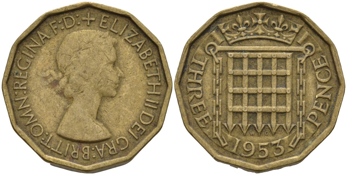 Великобритания 3 пенса 1953 Елизавета II (1952-2022) KM 886, Spink 4152 никель латунь 4146-335