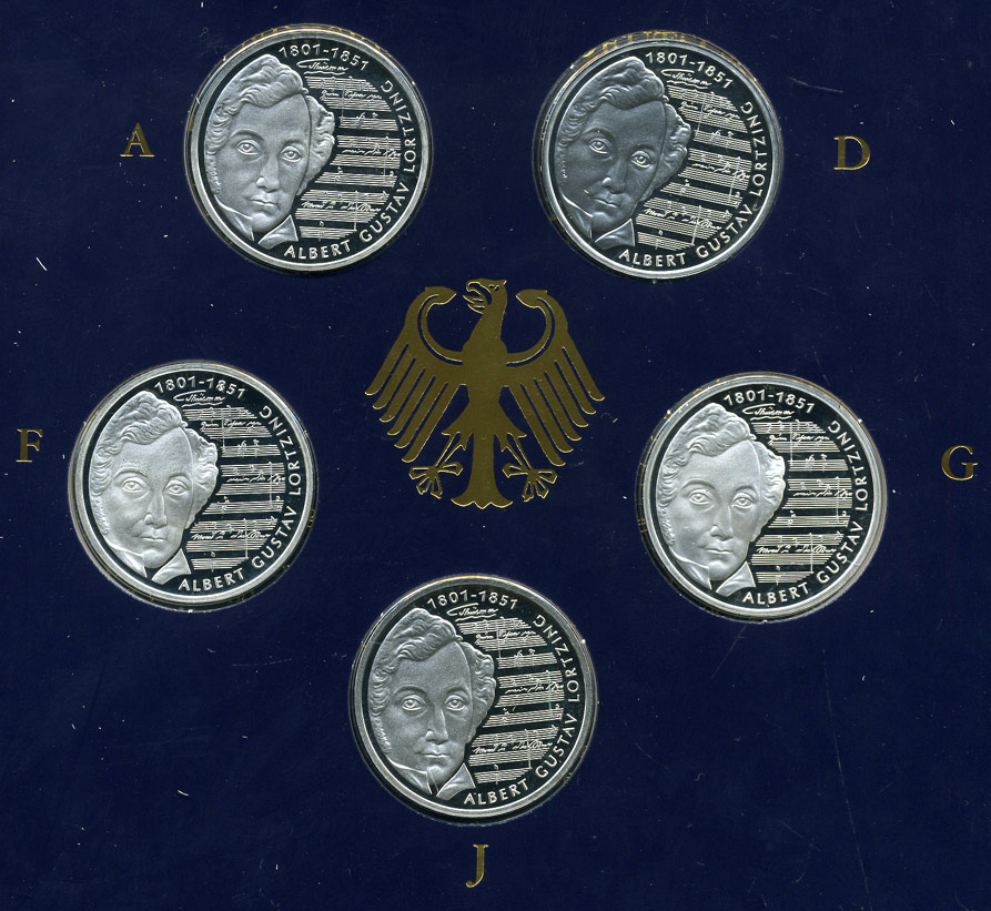 ФРГ набор из 5 штук по 10 марок 2001 A, D, F, G, J,  200 лет со дня рождения Альберта Лорцинга KM 205 серебро PROOF 6-5-2-13