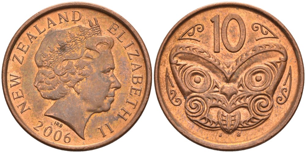 Новая Зеландия 10 центов 2006 Елизавета II (1952-2022), маска маори KM 117а сталь плакированная медью 106-1124