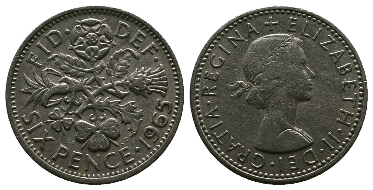Великобритания 6 пенсов 1965 Елизавета II (1952-2022) KM 903, Spink 4149 медно-никель 4381-829