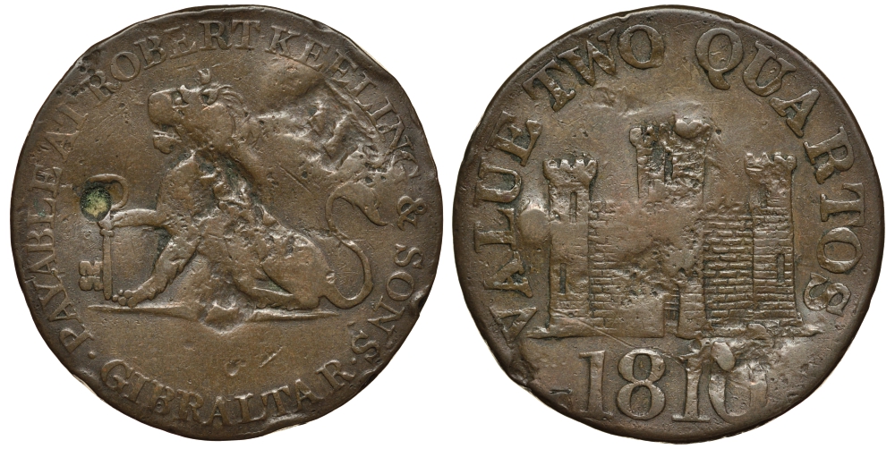 Гибралтар 2 кварты 1810 токен, Роберт Килинг и сыновья, равна двум четвертинкам KM Tn 4.1 медь 650-212