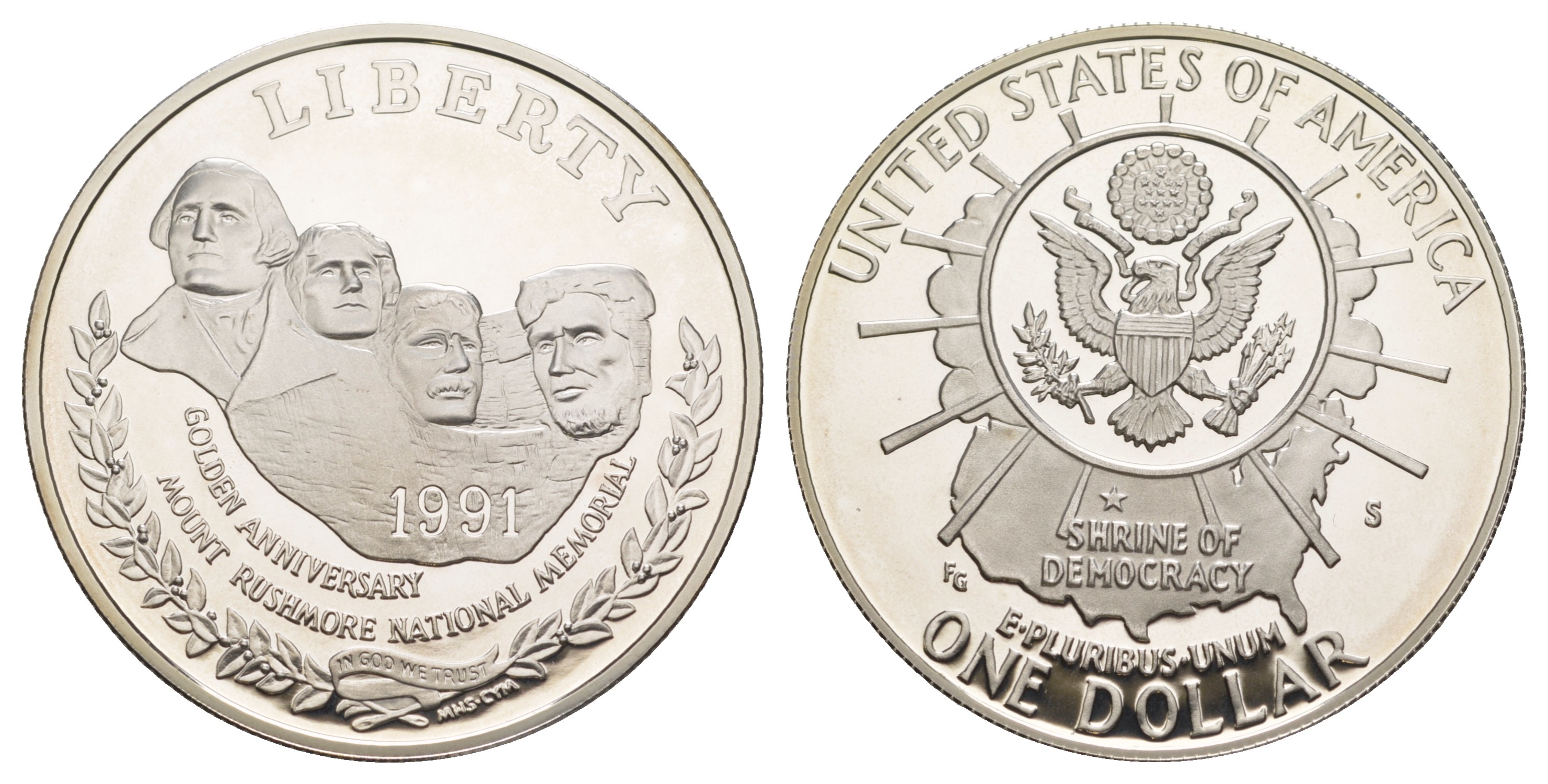 США 1 доллар 1991 S, 50 лет мемориалу президентов, гора Рашмор KM 229 серебро  PROOF  1091-10-44