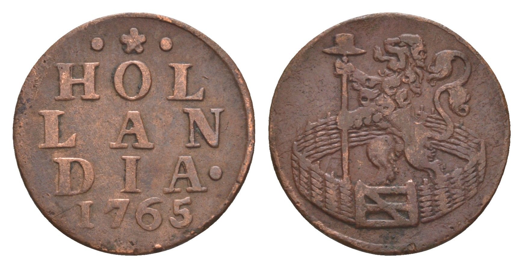 Нидерланды, Голландская республика, Голландия 1 дуит 1765 KM 80 медь 1520-843