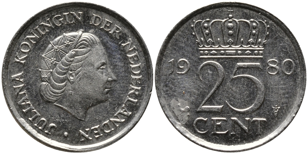 НИДЕРЛАНДЫ 25 ЦЕНТОВ 1980 ЮЛИАНА KM 183 никель 86-815
