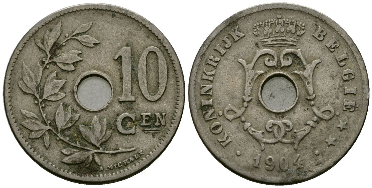 Бельгия 10 сантимов 1904 Belgie KM 53 медно-никель 4172-1142