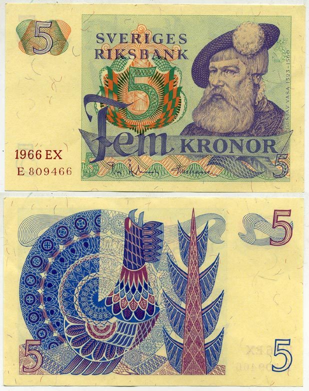Швеция 5 крон 1966 EX, Густав I Ваза Pick 51a бумага aUNC 2192-14-2-1