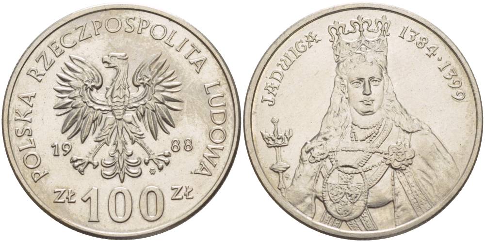 Польша 100 злотых 1988 MW, серия Польские правители, королева Ядвига (1384-1399) KM 183 медно-никель 4542-1023