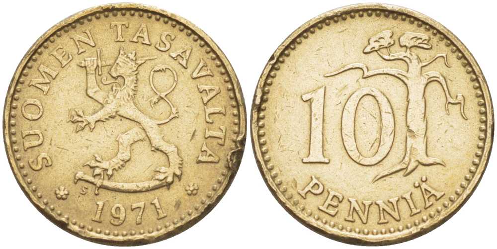 ФИНЛЯНДИЯ 10 ПЕННИ 1971 S KM 46 алюминиевая бронза 214-566