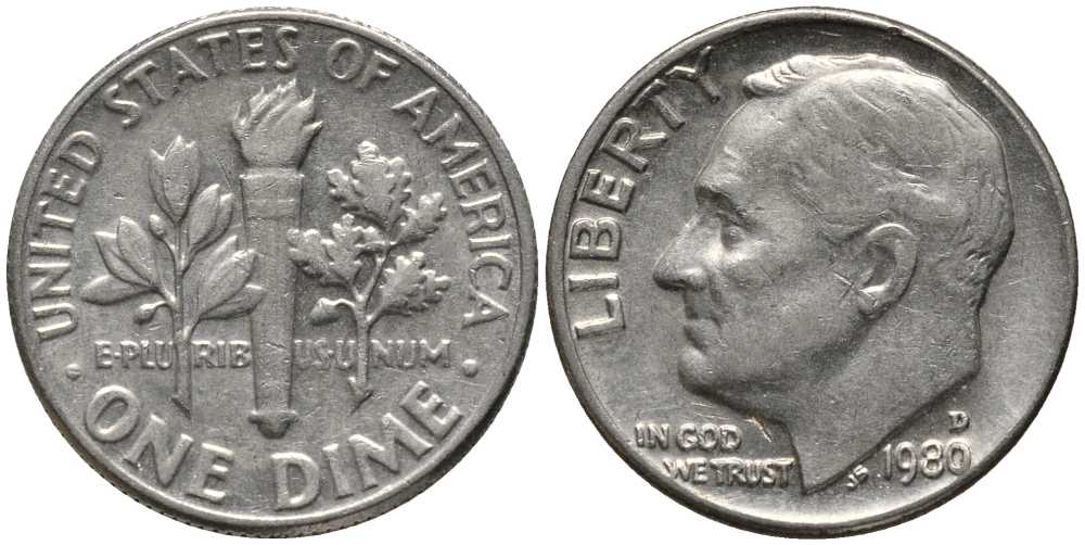 США 10 центов = дайм 1980 D, Рузвельт KM 195а медь плакированная медно-никелем 112-649