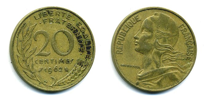 ФРАНЦИЯ 20 САНТИМОВ 1962 КМ 930 медь алюминий никель 3999-722