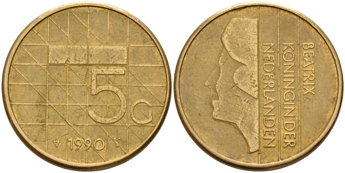 Нидерланды 5 гульденов 1990 Беатрикс (1980-2013) KM 210 никель плакированная бронзой 4167-842