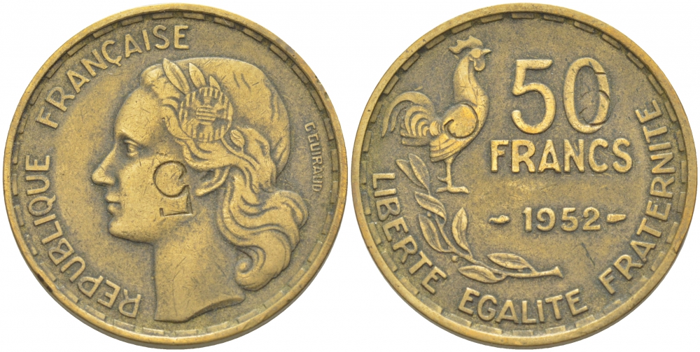 ФРАНЦИЯ 50 ФРАНКОВ 1952 KM 918.1 алюминиевая бронза 4403-236