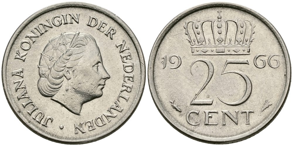 Нидерланды 25 центов 1966 Юлиана (1949-1980) KM 183 никель 96-165