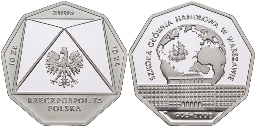 Польша 10 злотых 2006 MW, 100 лет Варшавской школы экономики, многоугольная Fischer K083 серебро PROOF 1087-7-14
