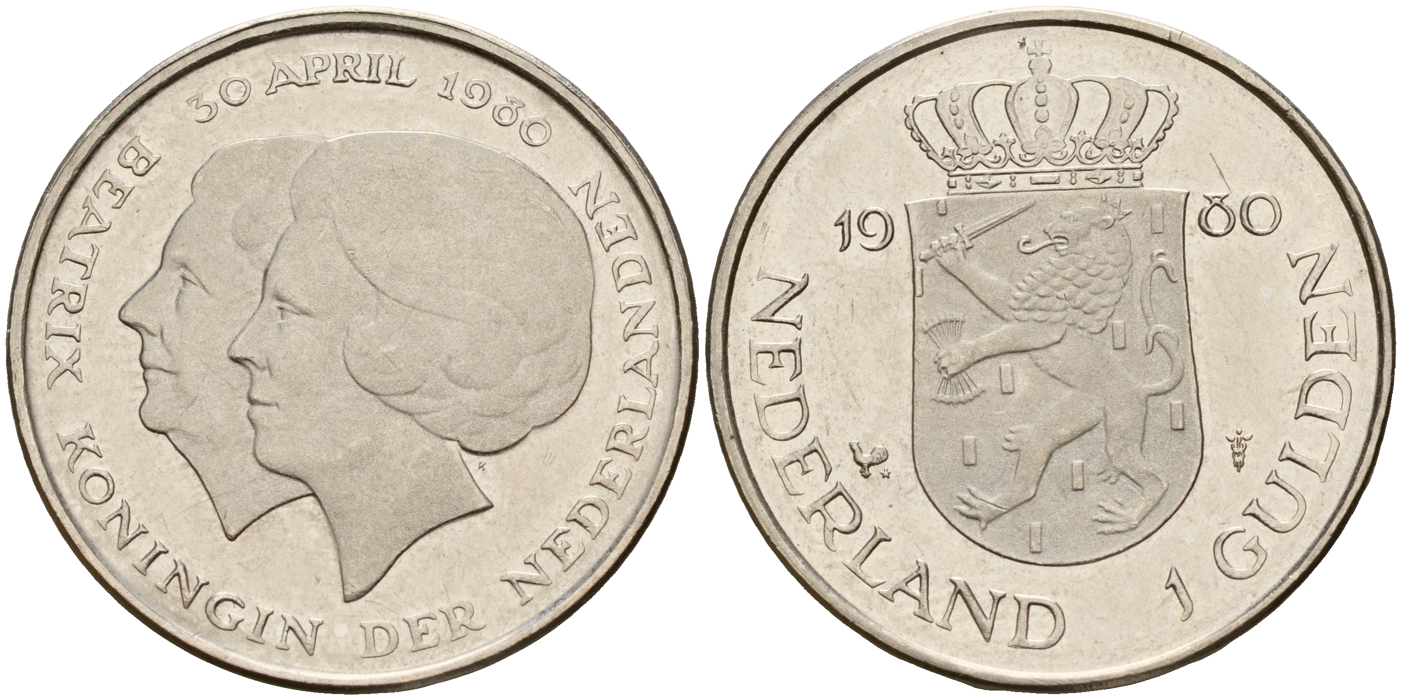 Нидерланды 1 гульден 1980 на коронацию Беатрикс, 30 апреля 1980 KM 200 никель    4601-1044