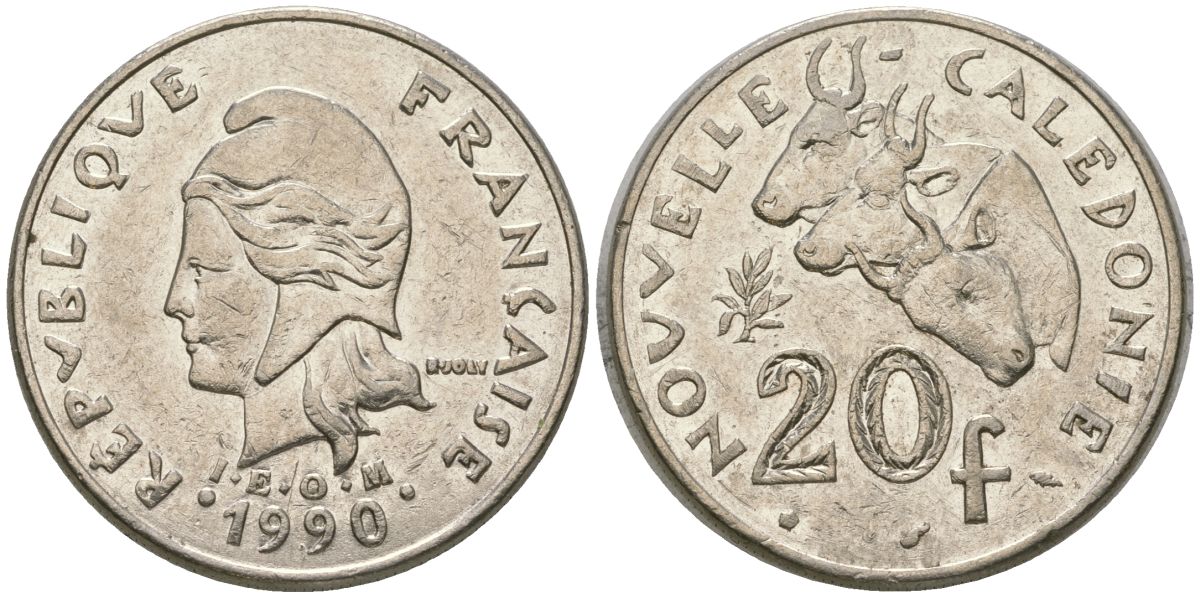 Французская Новая Каледония 20 франков 1990 три быка, (IEOM) KM 12, Schoen 14, Lec 113 никель 4131-243