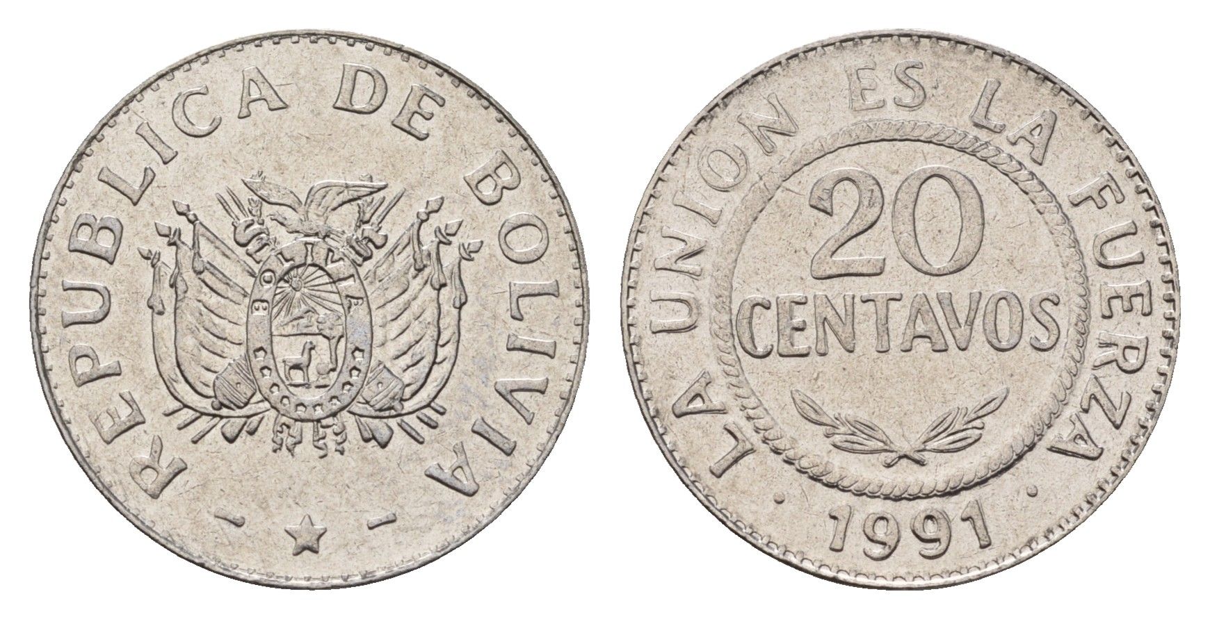 Боливия 20 сентаво 1991 KM 203 нержавеющая сталь UNC 4649-418