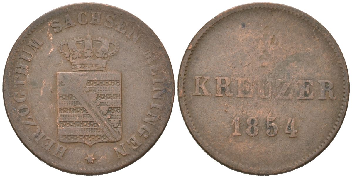 Саксен-Мейнингена 1 крейцер 1854 Бернгард II (1803-1866) KM 163 медь 110-846