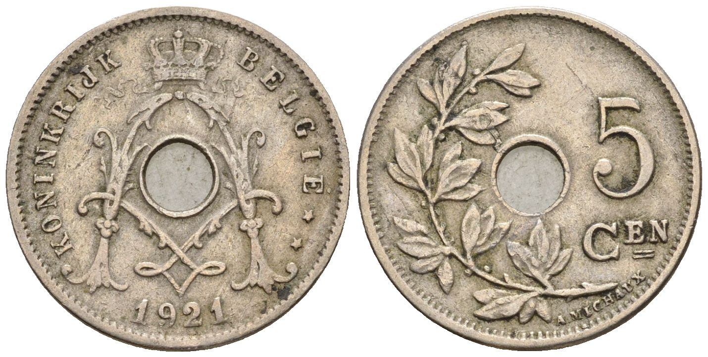 Бельгия 5 сантимов 1921 Belgie KM 67 медно-никель 220-548
