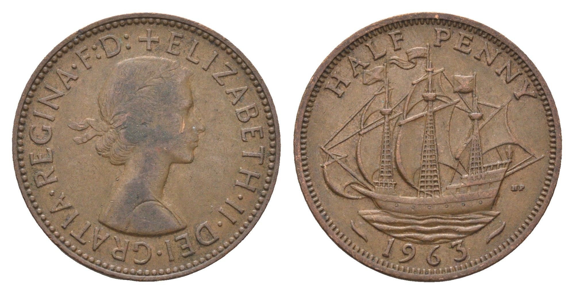 Великобритания 1/2 пенни 1963 Елизавета II (1952-2022) KM 896, Spink 4158 бронза 4662-1216