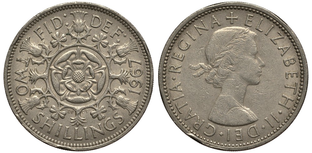Великобритания 2 шиллинга (флорин) 1967 Елизавета II (1952-2022) KM 906 Spink 4146 медно-никель VG 4185-643