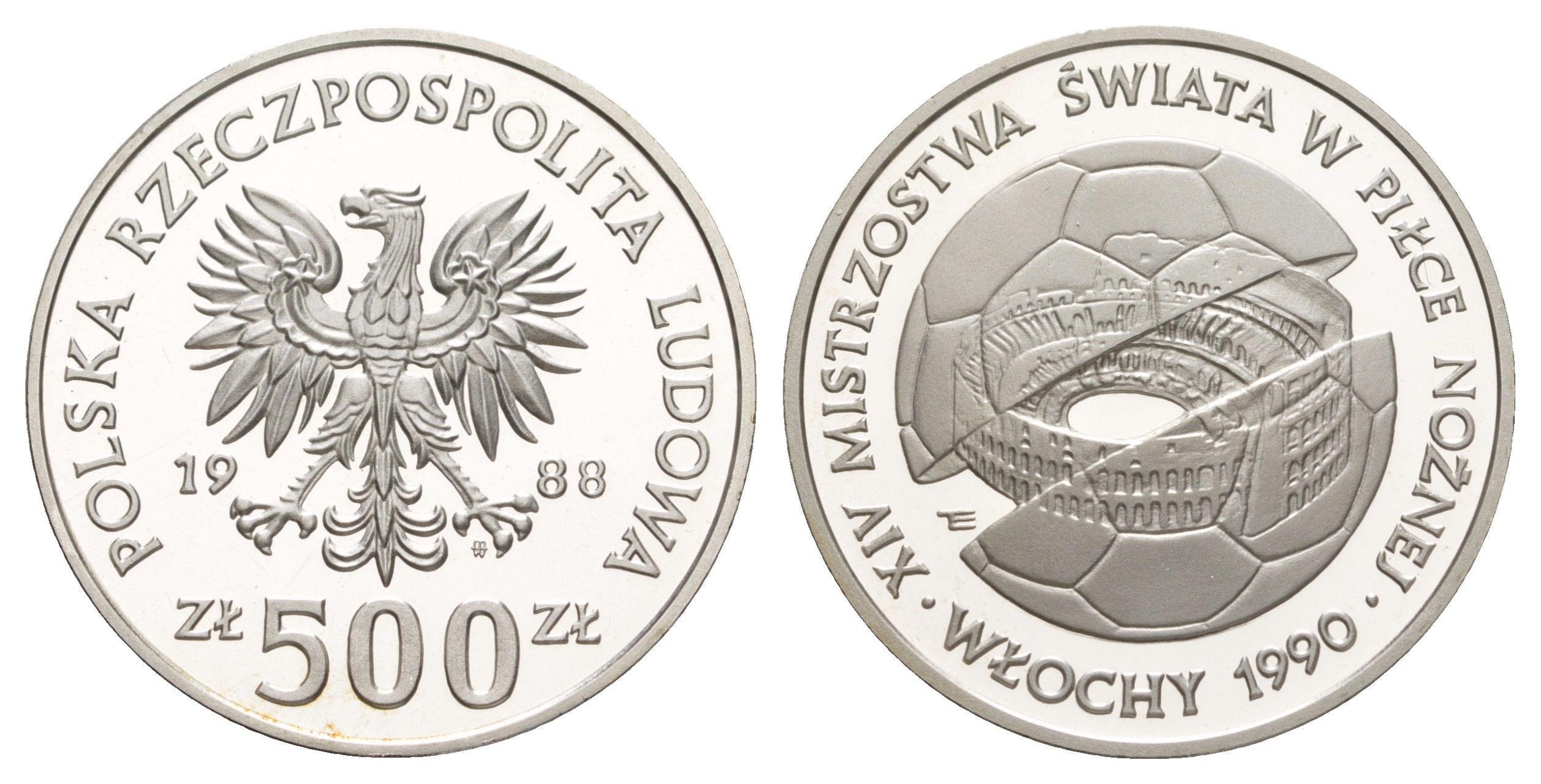 Польша 500 злотых 1988 Чемпионат мира по футболу 1990 Y 184 серебро PROOF 11-159-24