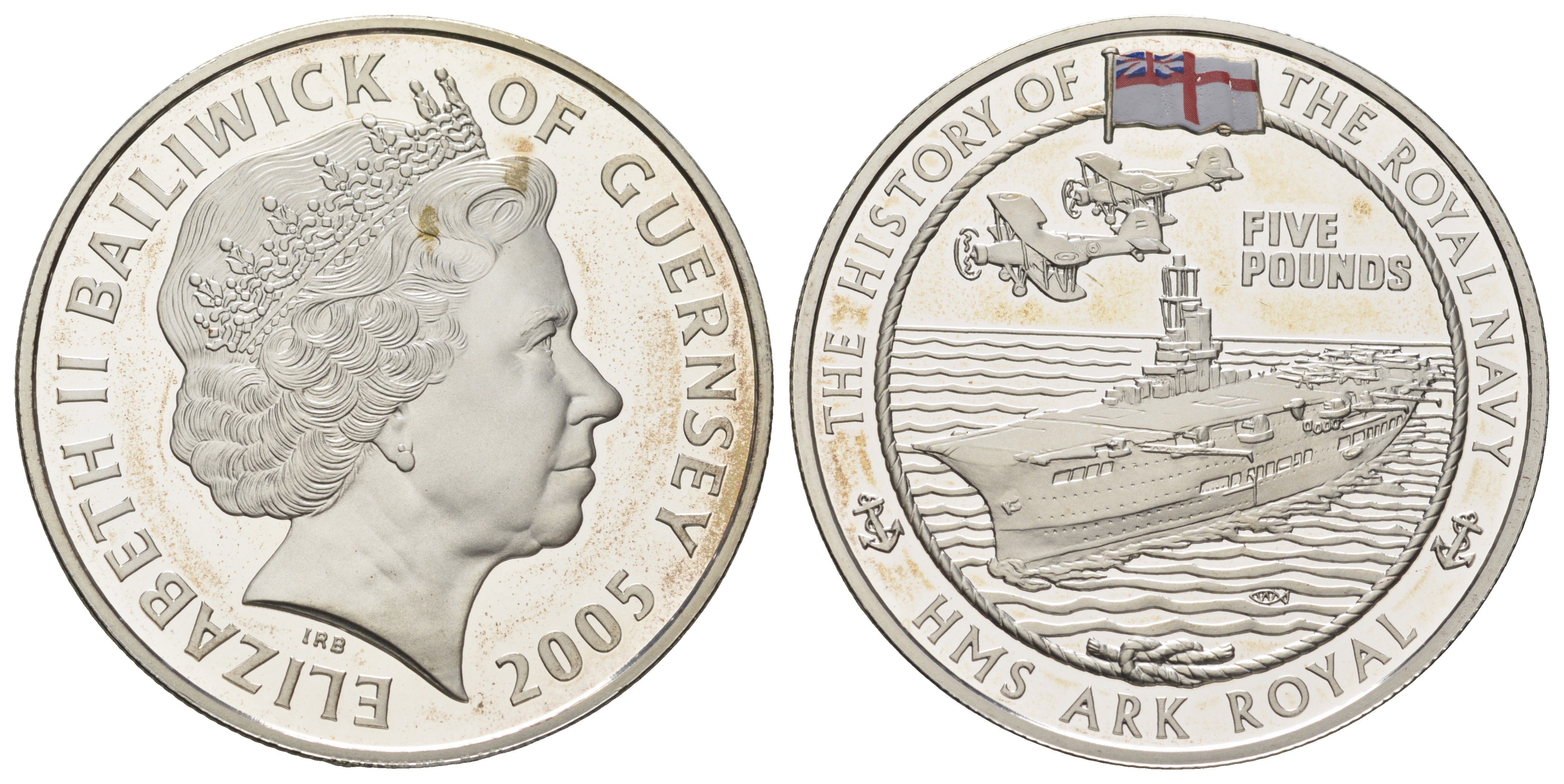 Гернси 5 фунтов 2005 HMS Ark Royal - авианосец времён Второй мировой войны KM 187a серебро PROOF 11-084-34