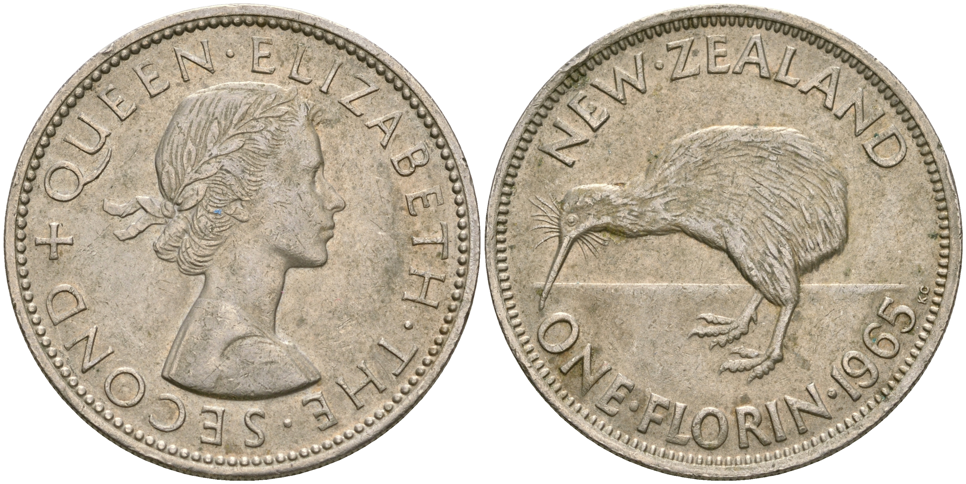 Новая Зеландия 1 флорин 1965 Елизавета II (1952-2022), птичка киви KM 28.2 медно-никель 4364-3523