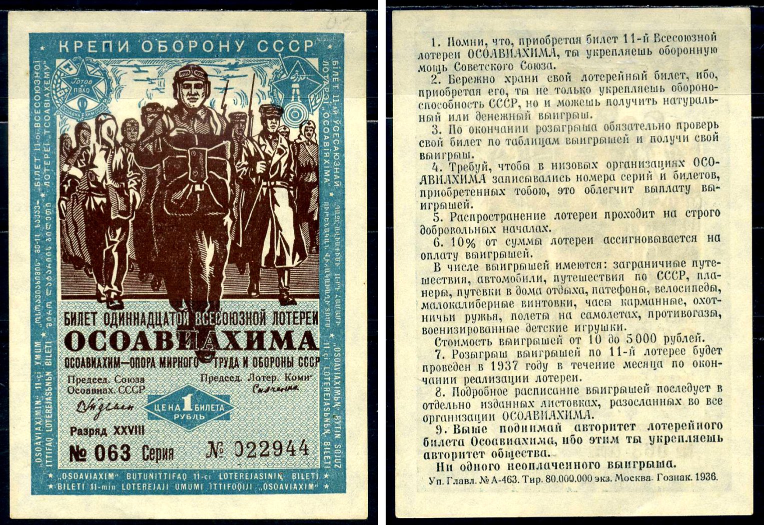 СССР 1 рубль 1936 одиннадцатая Всесоюзная лотерея ОСОАВИАХИМА. Разряд XXVIII. № 063 022944, Гознак, 1936 бумага 2196-48-2-1
